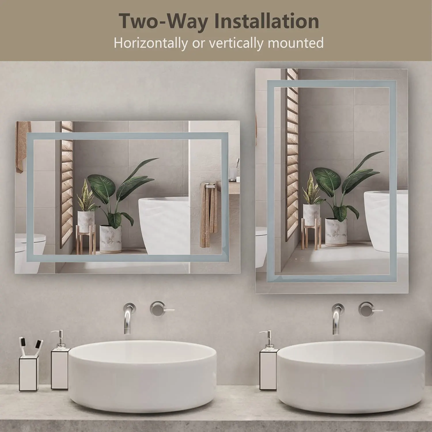 This image showcases a bathroom mirror with LED lighting that can be installed either horizontally or vertically above dual sinks.