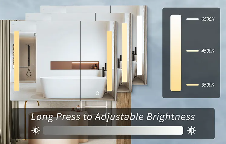 The brightness adjustment and color temperature adjustment of the ED mirror mean that the user can change the brightness and color temperature of the LED light on the mirror to adapt to different usage scenarios and needs.