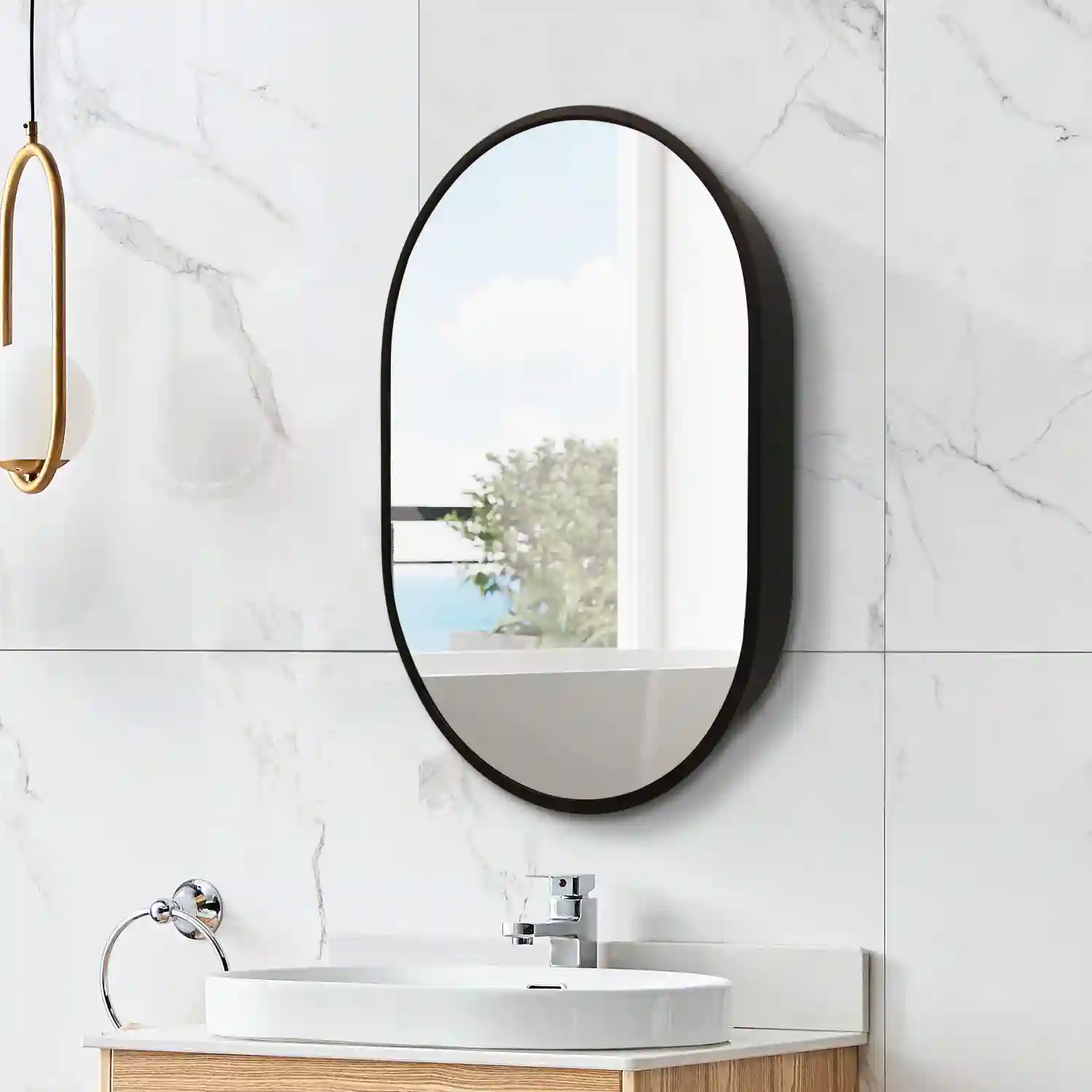 24*36 inches Oval Black Metal Framed Medicine Cabinet