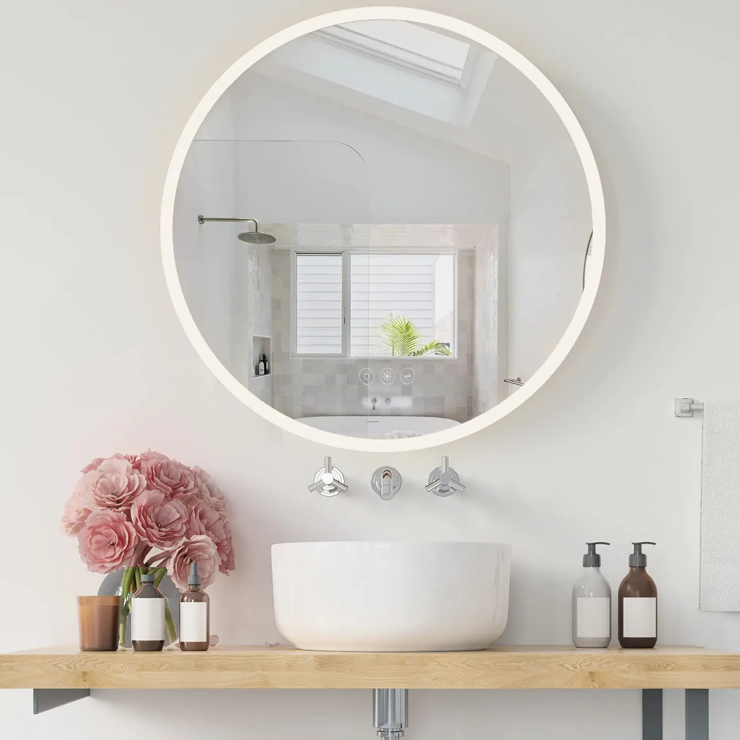 Acrylic + Powder Coating With White Bathroom Mirror With LED Light