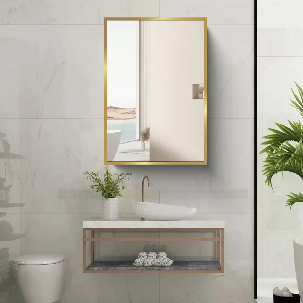 16*28 inches Gold Powder Coating Wall Mount or Recessed Bathroom Medicine Cabinet with Mirror