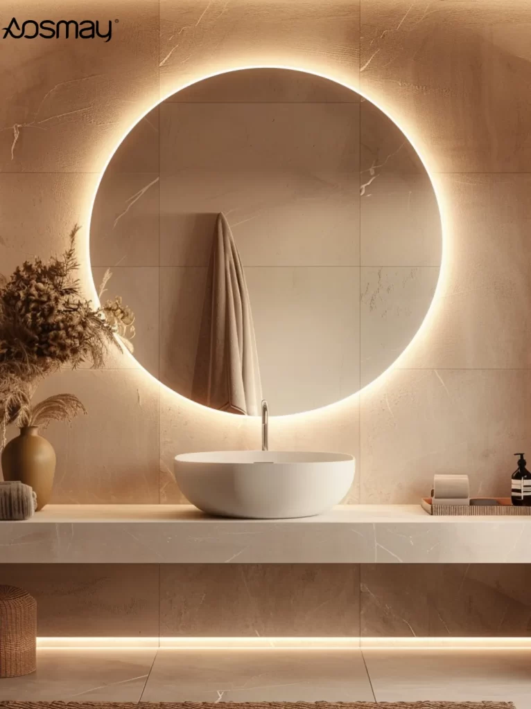 Modern bathroom with bathroom mirror LED providing ambient lighting.