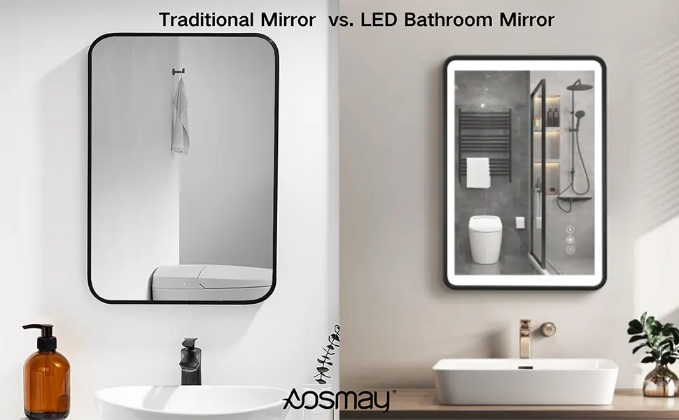Comparison of lighting performance between LED bathroom mirror and traditional mirror.
